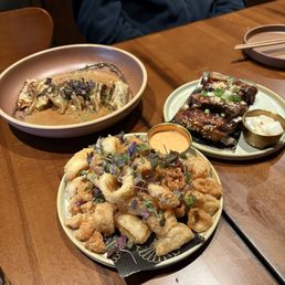 Dumplings, calamari and bbq spare ribs