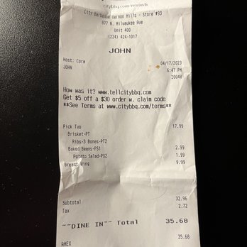 City Barbeque - Receipt - American Near Me - Vernon Hills, Illinois City Barbeque - Receipt - American Near Me - Vernon Hills, Illinois
