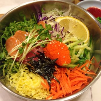Roll House - Sashimi bibimbap (sashimi mixed with rice, assorted veggies and chili paste) - Korean Near Me - Santa Clara, California Roll House - Sashimi bibimbap (sashimi mixed with rice, assorted veggies and chili paste) - Korean Near Me - Santa Clara, California
