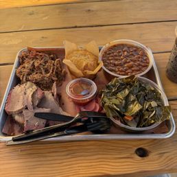 2 MEAT 2 SIDE COMBO Brisket, Pulled Pork, Collard Greens (spicy), Baked Beans, Honey Butter Cornbread. w/ a Pepsi 2 MEAT 2 SIDE COMBO Brisket, Pulled Pork, Collard Greens (spicy), Baked Beans, Honey Butter Cornbread. w/ a Pepsi