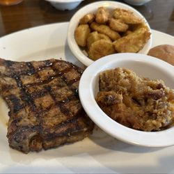 Cowboy Restaurant - Grilled Pork Chop with Sweet potato casserole and fried squash