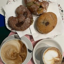 Latte, cappuccino, pistachio cornetto, Nutella cornetto, Nutella bomboloni