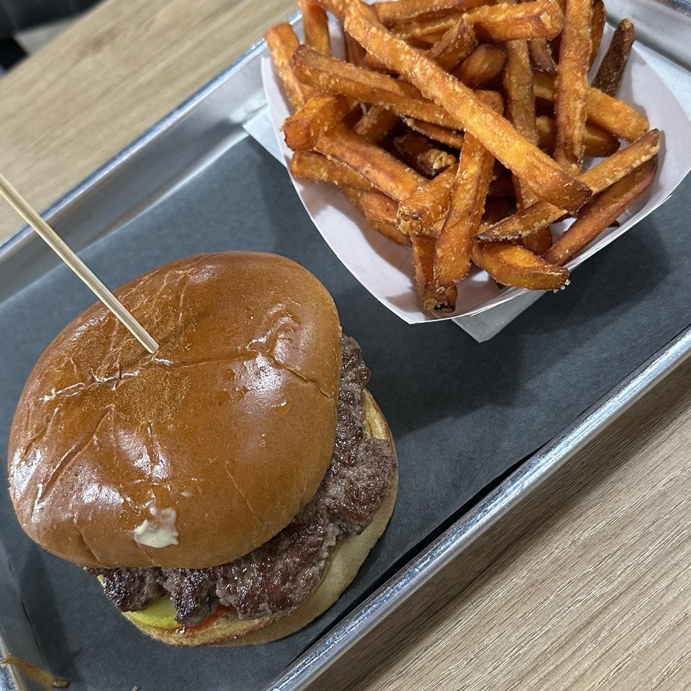 Burger Factory - Classic burger, no lettuce and sweet potato fries - Burgers Near Me - Sterling, Virginia