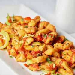 Five Bays Bistro - Calamari // flash fried calamari, garlic, banana peppers, spicy chili sauce