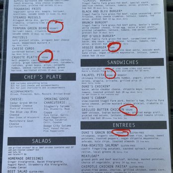 Duke's Alehouse and Kitchen - regular menu with circled vegan options - American Near Me - Crystal Lake, Illinois