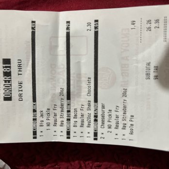 Jack's Family Restaurant - The receipt saying my order no pickles - Fast Food Near Me - Walnut, Mississippi