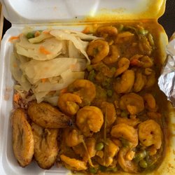 Yaad Food - Curry Shrimp (Mondays and Friday Special), rice and peas, cabbage, Sweet Plantains (medium)