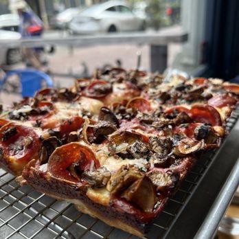 Square Pie Guys - Oakland - MUSH-O-RONI - $24 - Red sauce, mushrooms, pepperoni, mikes hot honey, grana, parsley. - Pizza Near Me - Oakland, California Square Pie Guys - Oakland - MUSH-O-RONI - $24 - Red sauce, mushrooms, pepperoni, mikes hot honey, grana, parsley. - Pizza Near Me - Oakland, California