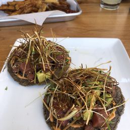Ahi tostadas w fried leek and avocado Ahi tostadas w fried leek and avocado