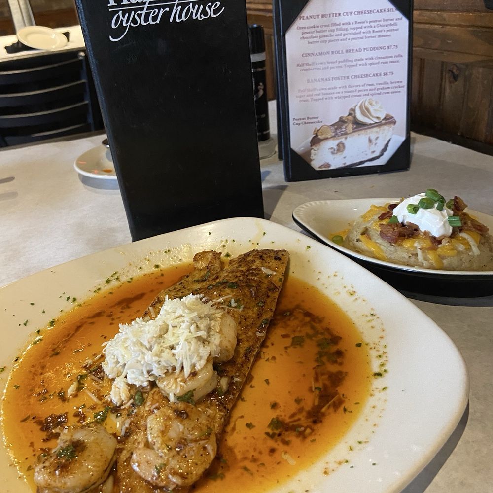 Half Shell Oyster House - Redfish Orleans with Loaded Potatoes - Seafood Near Me - Biloxi, Mississippi Half Shell Oyster House - Redfish Orleans with Loaded Potatoes - Seafood Near Me - Biloxi, Mississippi