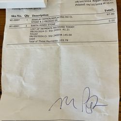 Elite Jewelry - Receipt for my ring when I dropped it off for repair