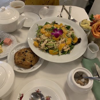 Tea Rose Garden - The Asian Chicken salad, blueberry scone with yummy Devonshire cream and the assorted petit fours, and 2 pots of tea - Tea Rooms Near Me - Pasadena, California