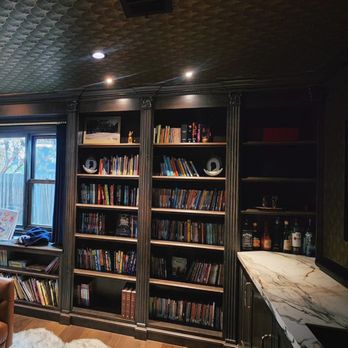 Ova Electric - Custom painted light trims to match the beautiful espresso finish of wall paper and built-in book cases - Electricians Near Me Ova Electric - Custom painted light trims to match the beautiful espresso finish of wall paper and built-in book cases - Electricians Near Me