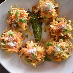 Delicias Latinas Restaurant - Garnachas (small fried corn tortillas filled with ground beef, cabbage and topped with tomato salsa and queso fresco)