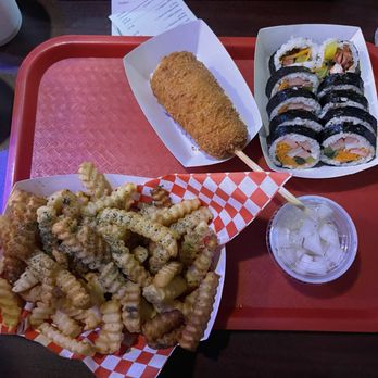Wings Korean Chicken - Fries, mozzarella corn dog, wings kimbap, pickled radish - Chicken Wings Near Me - Sparks, Nevada Wings Korean Chicken - Fries, mozzarella corn dog, wings kimbap, pickled radish - Chicken Wings Near Me - Sparks, Nevada