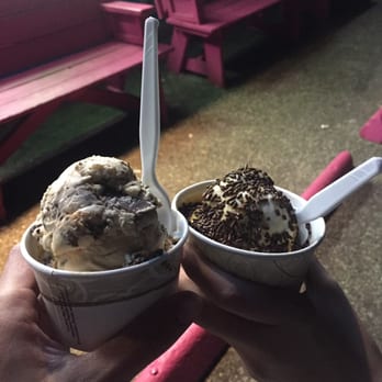 Snowflake Ice Cream Shoppe - Cookie dough with caramel and chocolate sprinkles, and peanut butter cup crunch. A little order/size mishap but tasty nonetheless. - Ice Cream & Frozen Yogurt Near Me - Riverhead, New York