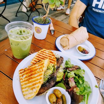 Cafe Smitten - vegan portabella in the front, burrito in the back, and matcha latte on the side - Coffee & Tea Near Me - Bakersfield, California