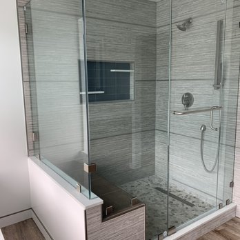 J's Custom Glass - 90 degree double notch clear glass with diamond fusion 3/8" and 1/2" glass brushed nickel hardware - Windows Installation Near Me J's Custom Glass - 90 degree double notch clear glass with diamond fusion 3/8" and 1/2" glass brushed nickel hardware - Windows Installation Near Me