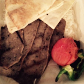 Mediterranean Grill - Gyro dinner. A little blurry, but you can see how sad that meat is - Mediterranean Near Me - Pasadena, California