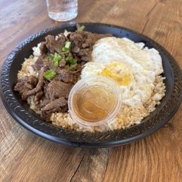 beef plate with rice and egg. beef plate with rice and egg.