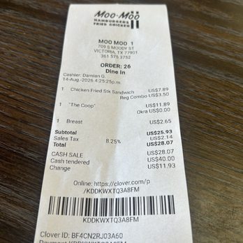 Moo Moo - Our receipt - Burgers Near Me - Victoria, Texas Moo Moo - Our receipt - Burgers Near Me - Victoria, Texas