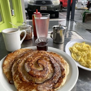 Miracle Mile Cafe - Cinnamon roll pancakes with side of scrambled eggs. - Breakfast & Brunch Near Me - San Rafael, California Miracle Mile Cafe - Cinnamon roll pancakes with side of scrambled eggs. - Breakfast & Brunch Near Me - San Rafael, California