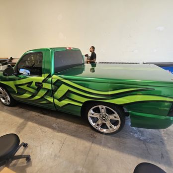 Big Boy Wraps - This black truck just got fitted with an amazing green wrap with custom stripes. We love the minitruck style. The customer was so excited. - Vehicle Wraps Near Me - Martinez, California