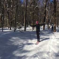 Mountain Meadows Cross Country Ski & Snowshoe Center - Elizabeth (From Craftsbury Green Racing Project Team) enjoying the fun downhills!