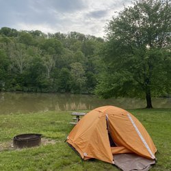 Beech Fork State Park - Tent on lakeside camping site. Picnic table and fire ring provided.