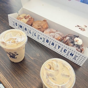 Parlor Doughnuts - Small batch of doughnuts: bourbon caramel, cookies and cream, glaze, and maple bacon.  Maple and brown sugar coffee - Donuts Near Me - McKinney, Texas