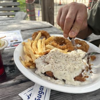 Pine Tree Lodge - Chicken fried chicken with gravy, onion rings, and fries - Seafood Near Me - Beaumont, Texas