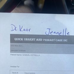 Quick Urgent And Primary Care - My invoice to show I am a real patient