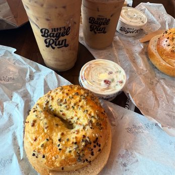 Jeff's Bagel Run - An Asiago Cheese Bagel, Veggie Cream Cheese & a Banana Foster Cold Brew. - Bagels Near Me - Houston, Texas Jeff's Bagel Run - An Asiago Cheese Bagel, Veggie Cream Cheese & a Banana Foster Cold Brew. - Bagels Near Me - Houston, Texas