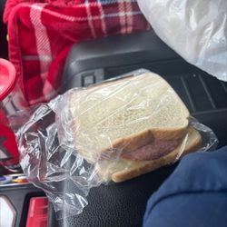 Robertson's Ham / The Red Barn - Sausage sandwich with mayo, mustard, onions and pickle