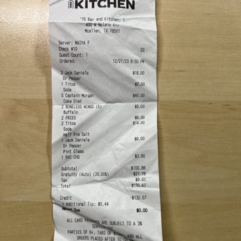 76 Bar & Kitchen - Receipt from 12/27/2023 - American Near Me - McAllen, Texas 76 Bar & Kitchen - Receipt from 12/27/2023 - American Near Me - McAllen, Texas