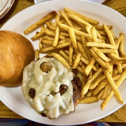 Avuncular Bob's T-Bar Inn - Absolutely juicy tasty Mushroom Swiss Burger with a massive side of the best fries in Colorado!