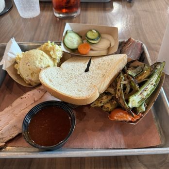 The Pit Room - Memorial - Two meat plate with turkey, brisket, okra, potato salad - Barbeque Near Me - Houston, Texas