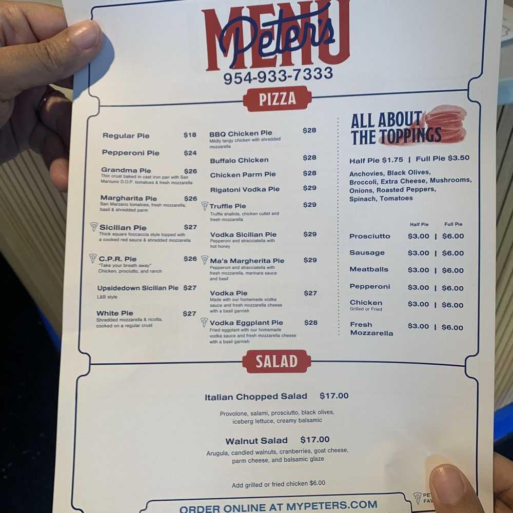Peter’s Pizzeria - Front of menu - Pizza Near Me - Pompano Beach, Florida Peter’s Pizzeria - Front of menu - Pizza Near Me - Pompano Beach, Florida