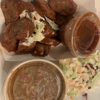 SA BBQ - Sausage links, Barracho brand, and slaw - Barbeque Near Me - Albuquerque, New Mexico