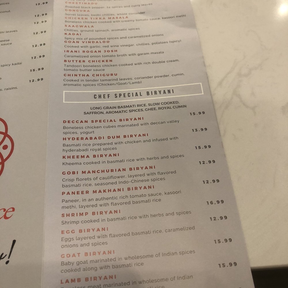 Deccan Spice - One page of the menu - Indian Near Me - Pompano Beach, Florida