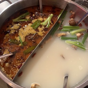 Happy Lamb Hot Pot - The best of two worlds - spicy (left) and non-spicy (right) broth - Mongolian Near Me - Mountain View, California