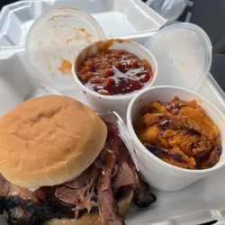 Big Muddy BBQ - Brisket sandwich with beans and candied yams