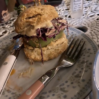 Fog Eater Cafe - Cute outdoor table and delicious fried green tomato slider - Southern Near Me - Mendocino, California Fog Eater Cafe - Cute outdoor table and delicious fried green tomato slider - Southern Near Me - Mendocino, California
