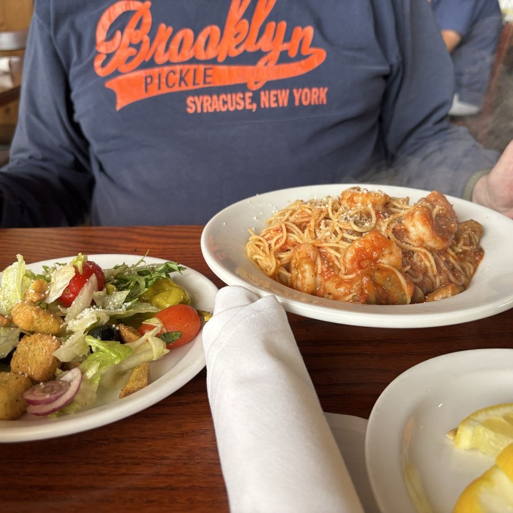 Tucci's - Garden salad, angel hair, pasta with marinara and shrimp - Italian Near Me - Bourbonnais, Illinois Tucci's - Garden salad, angel hair, pasta with marinara and shrimp - Italian Near Me - Bourbonnais, Illinois