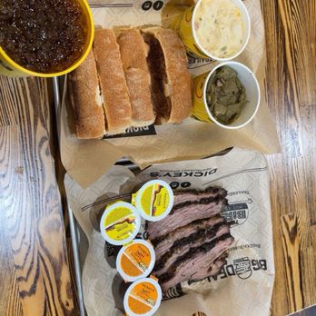 Dickey's Barbecue Pit - Picnic Pack, with Green Beans with Bacon and Loaded Mashed Potatoes with Gravy. We got the sweet and original sauces to go with. - Barbeque Near Me - Mt. Holly, New Jersey