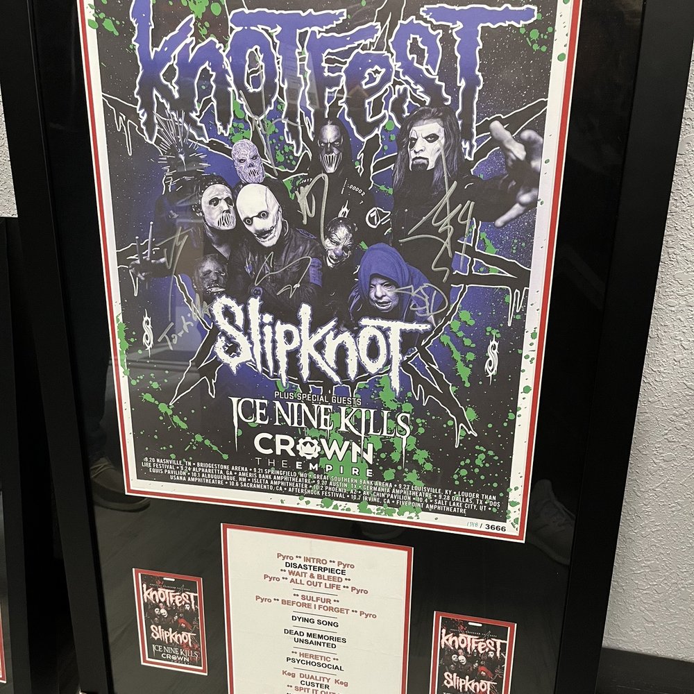 Art & Frame Etc - Slipknot 2022 knotfest roadshow Autographed poster, set list, vip badges - Art Galleries Near Me - Cypress, Texas Art & Frame Etc - Slipknot 2022 knotfest roadshow Autographed poster, set list, vip badges - Art Galleries Near Me - Cypress, Texas