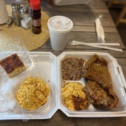 R+B CAFE - Fried pork chops with black eyed peas, mac and cheese, corn bread and sweet tea.