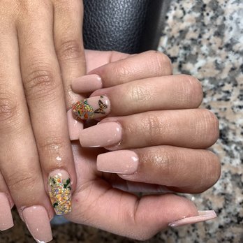 Valley Nails & Spa - Dip Powder Manicure with design on ring finger - Nail Salons Near Me - Solvang, California Valley Nails & Spa - Dip Powder Manicure with design on ring finger - Nail Salons Near Me - Solvang, California