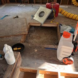 All Dry And Tidy - Setting up to go under home tand apply plant based disinfectant to about 5000 square feet of subfloor and framing