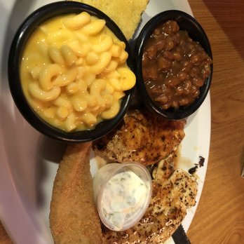 Barbecue And Bourbon - 2 Meat Platter  Glazed Chicken Breast & Breaded Catfish w/ Baked Beans (very good!) and Mac and Cheese (not so good) - Barbeque Near Me - Speedway, Indiana
